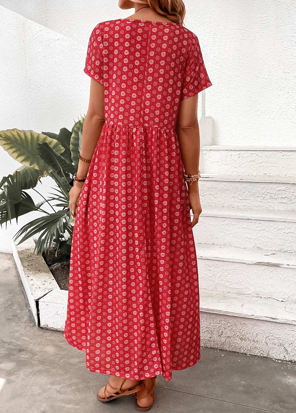 Red dresses,Geometric dresses,Floral dresses,Plants dresses,Dot dresses,Everyday dresses,Casual dresses,ROTITA Pocket Geometric Print Red Maxi A Line Dress