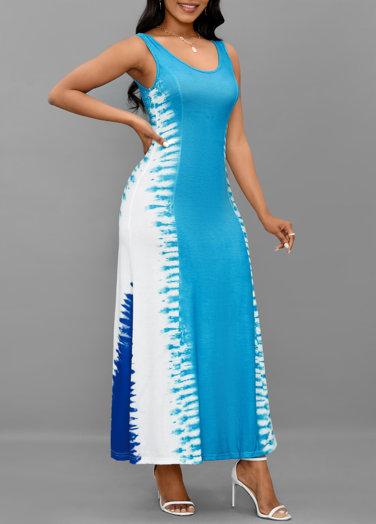 Light Blue dresses,White dresses,Tie Dye dresses,Vacation dresses,Vacation dresses,ROTITA Lace Up Tie Dye Print Light Blue Maxi Dress