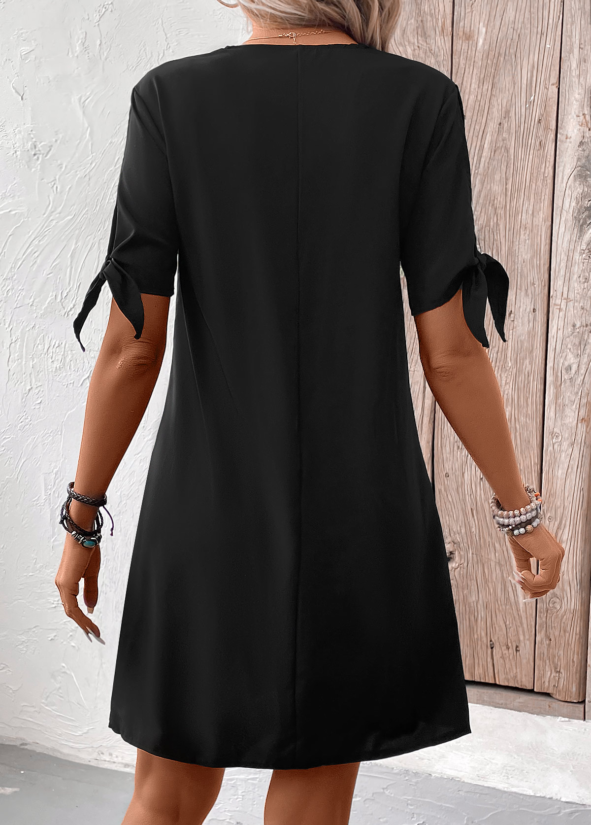 Black dresses,Plain Color dresses,Everyday dresses,Casual dresses,Patchwork Black Short V Neck Shift Dress