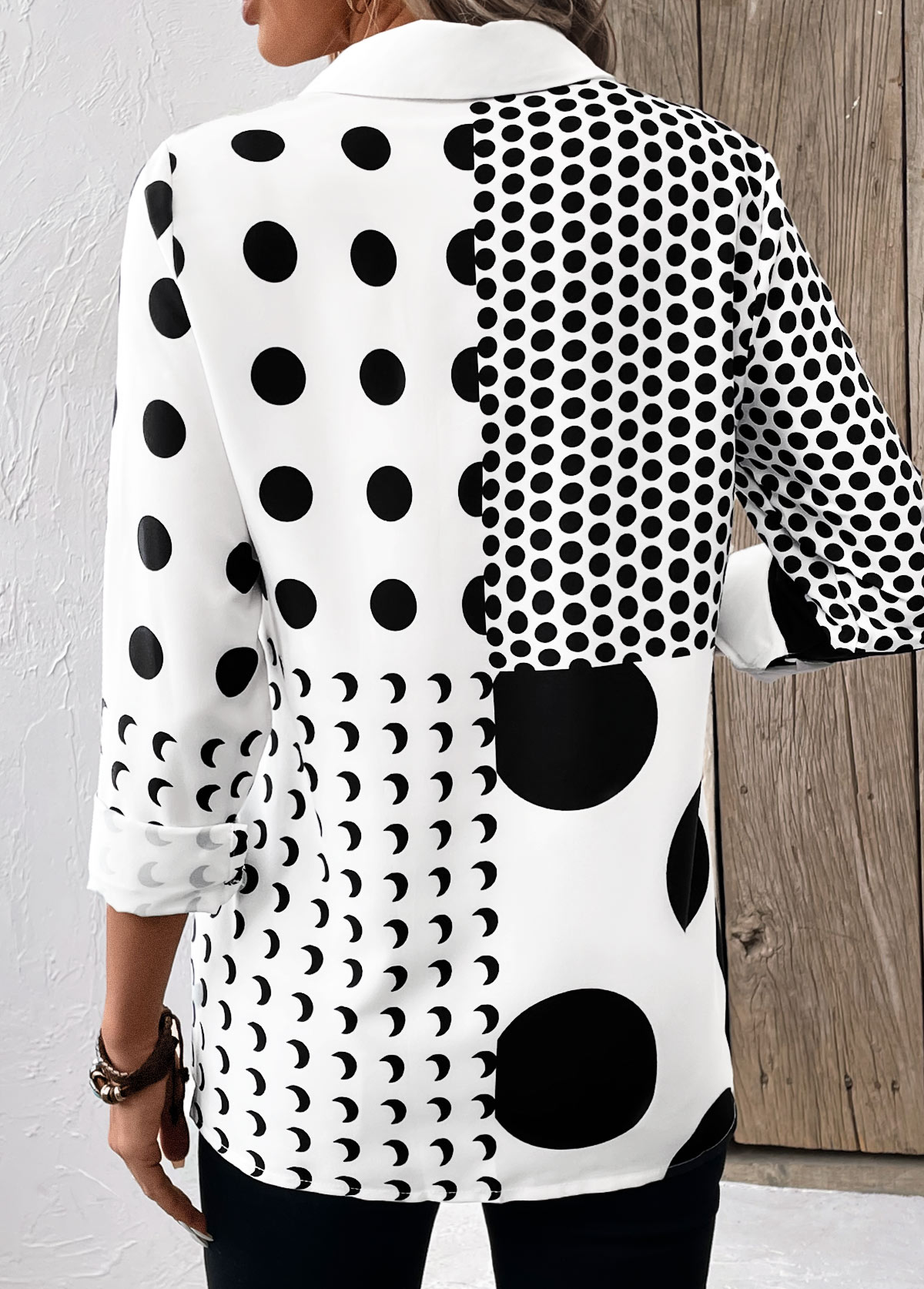 White tops,Black tops,Dot tops,Button Polka Dot White Shirt Collar Long Sleeve Blouse