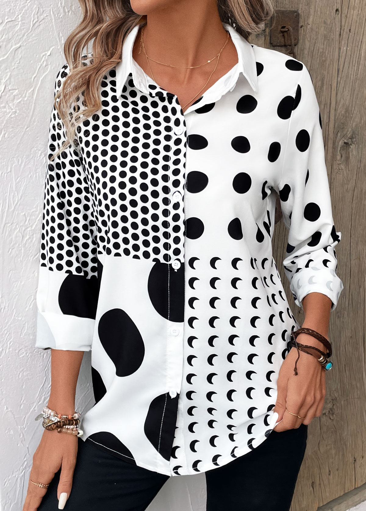 White tops,Black tops,Dot tops,Button Polka Dot White Shirt Collar Long Sleeve Blouse