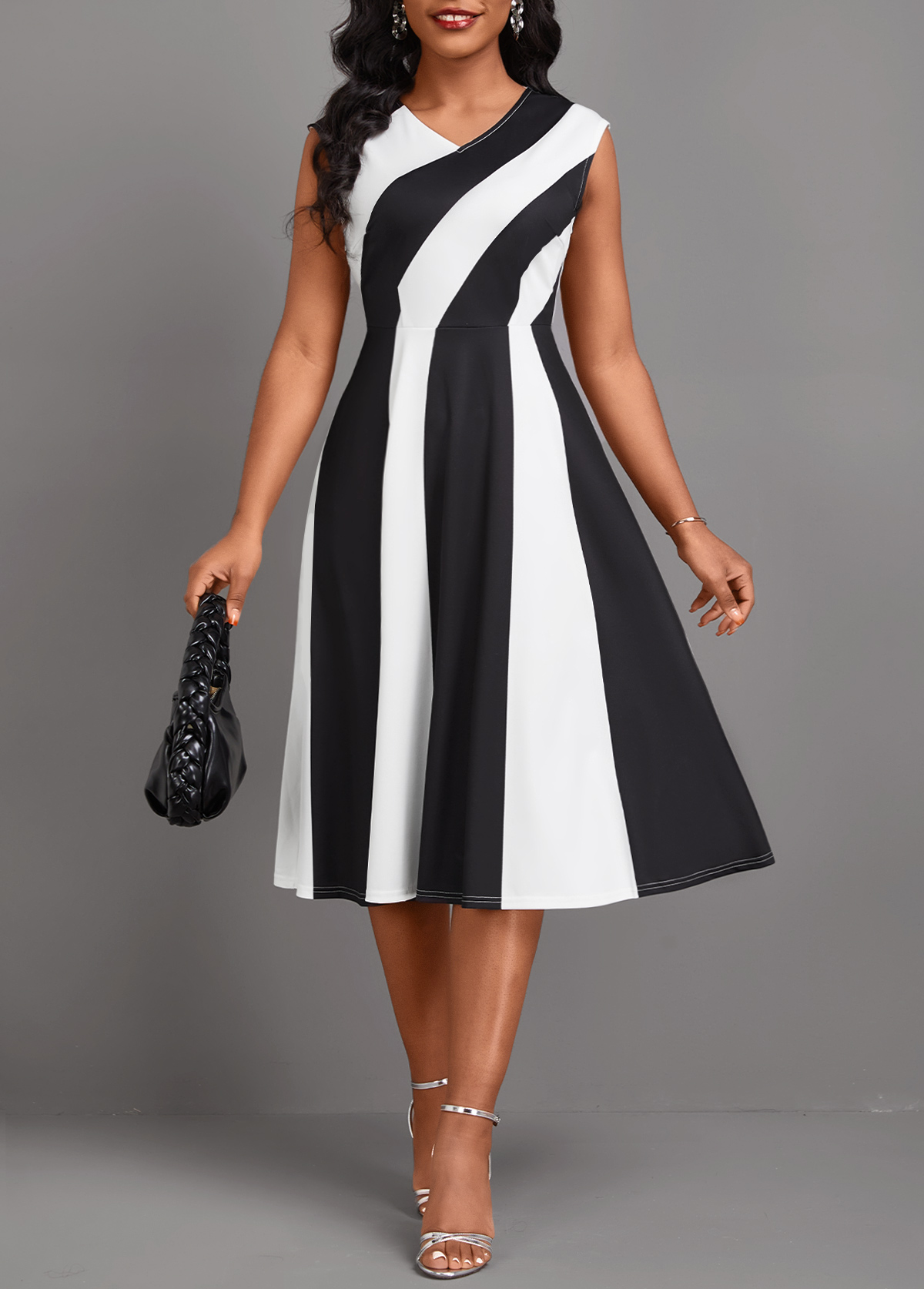 Black dresses,Raw white dresses,Contrast Color dresses,Striped dresses,Geometric dresses,Party dresses,Elegant dresses,ROTITA Patchwork Black V Neck Sleeveless Dress