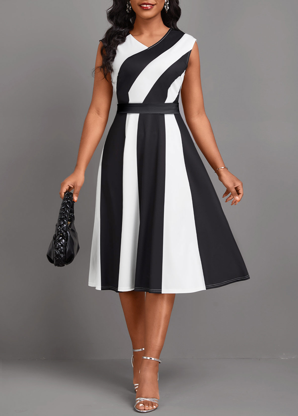 Black dresses,Raw white dresses,Contrast Color dresses,Striped dresses,Geometric dresses,Party dresses,Elegant dresses,ROTITA Patchwork Black V Neck Sleeveless Dress