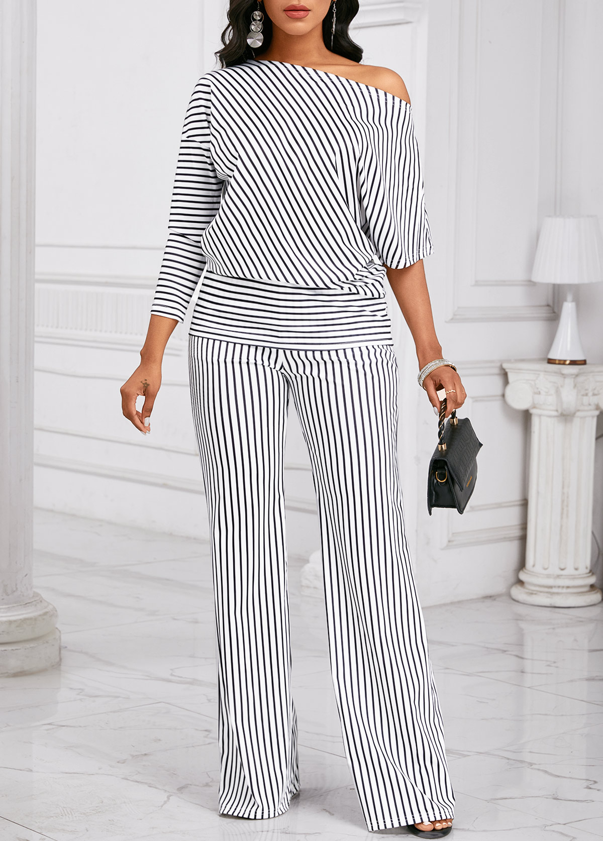 Black jumpsuits&rompers,White jumpsuits&rompers,Striped jumpsuits&rompers,Geometric jumpsuits&rompers,Asymmetry Striped Black Long Wide Leg Top  and Pants