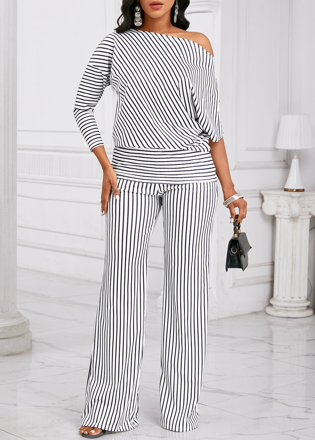 Black jumpsuits&rompers,White jumpsuits&rompers,Striped jumpsuits&rompers,Geometric jumpsuits&rompers,Asymmetry Striped Black Long Wide Leg Top  and Pants
