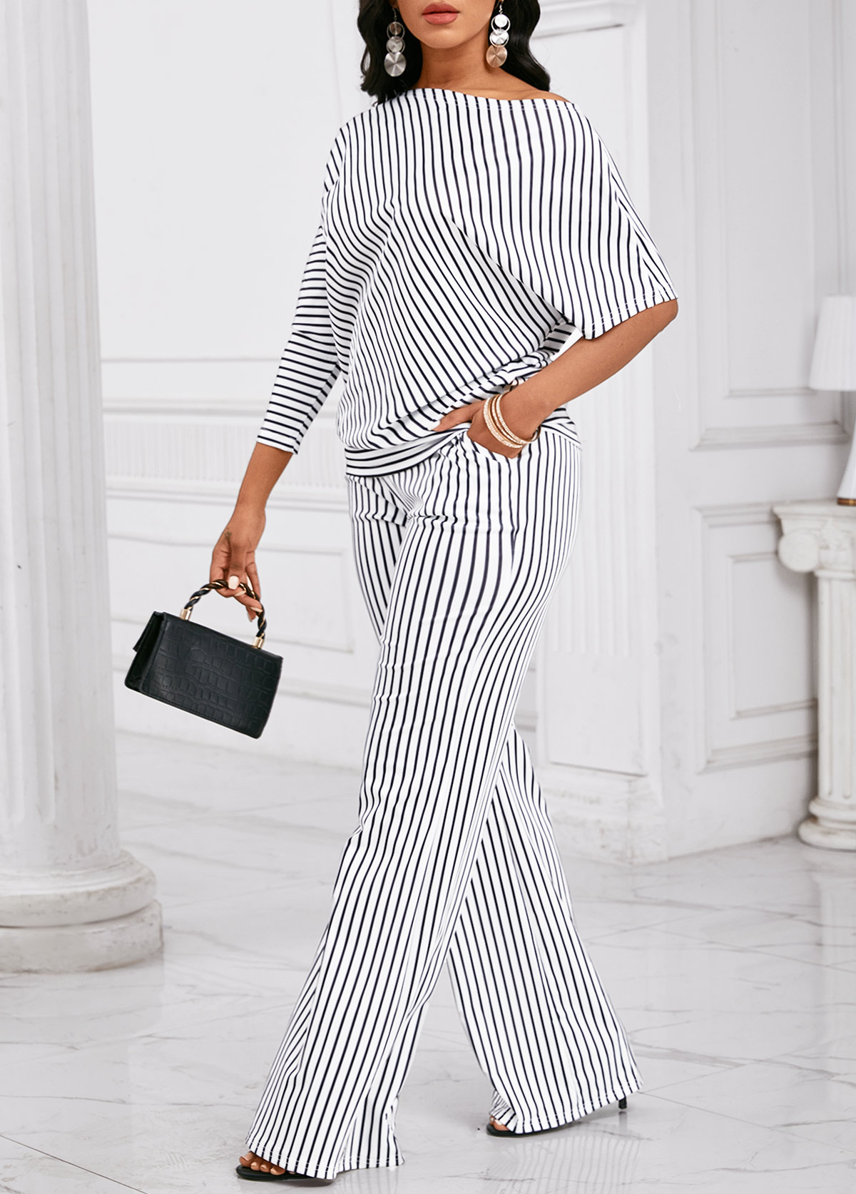 Black jumpsuits&rompers,White jumpsuits&rompers,Striped jumpsuits&rompers,Geometric jumpsuits&rompers,Asymmetry Striped Black Long Wide Leg Top  and Pants
