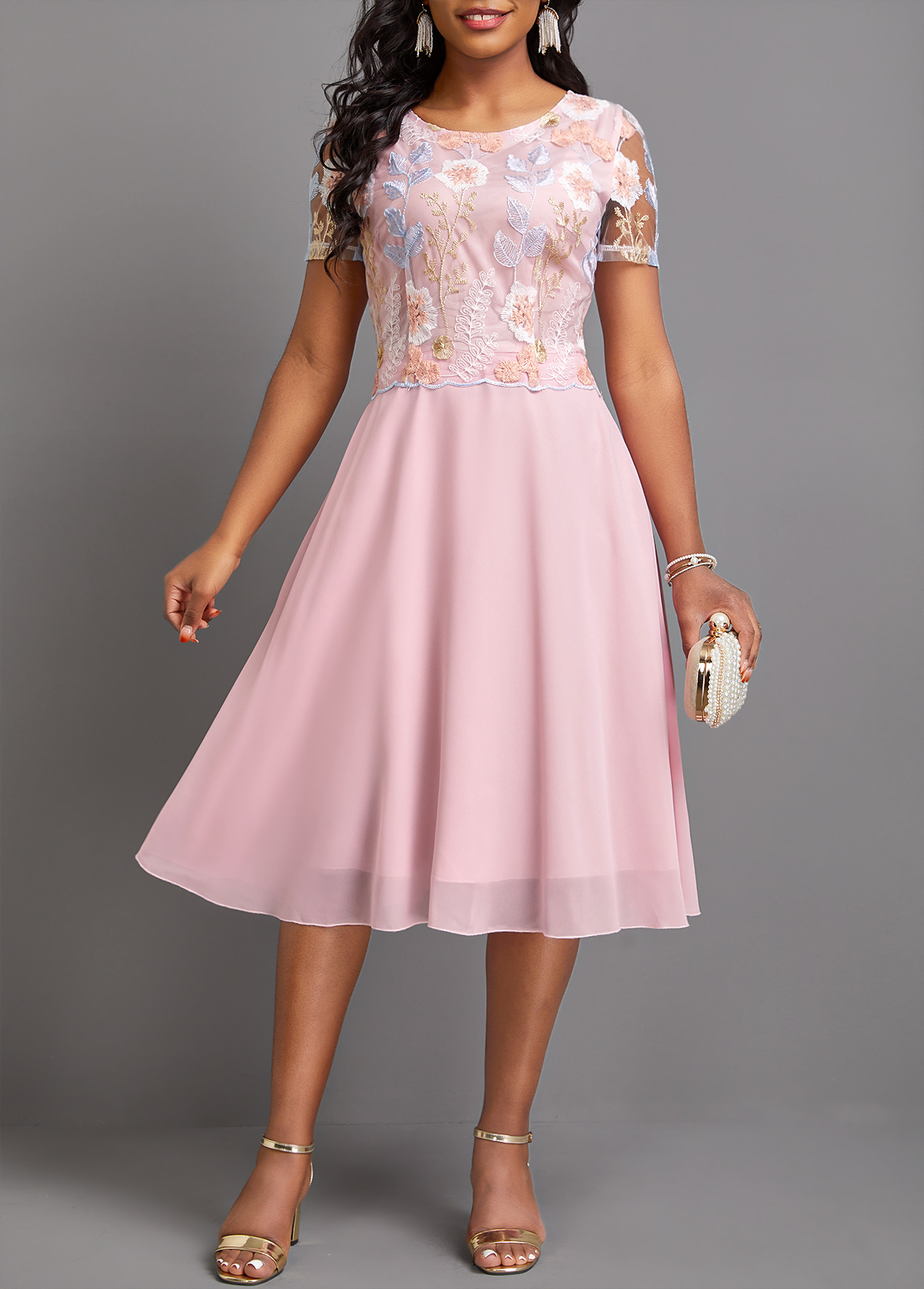 Light Pink dresses,Plain Color dresses,Party dresses,Elegant dresses,ROTITA Embroidery Light Pink Round Neck Short Sleeve Dress