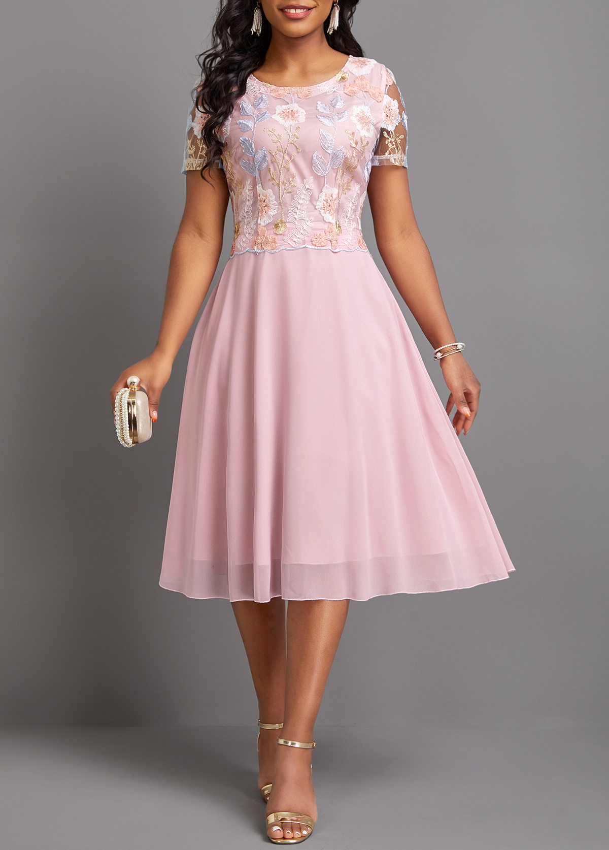 Light Pink dresses,Plain Color dresses,Party dresses,Elegant dresses,ROTITA Embroidery Light Pink Round Neck Short Sleeve Dress