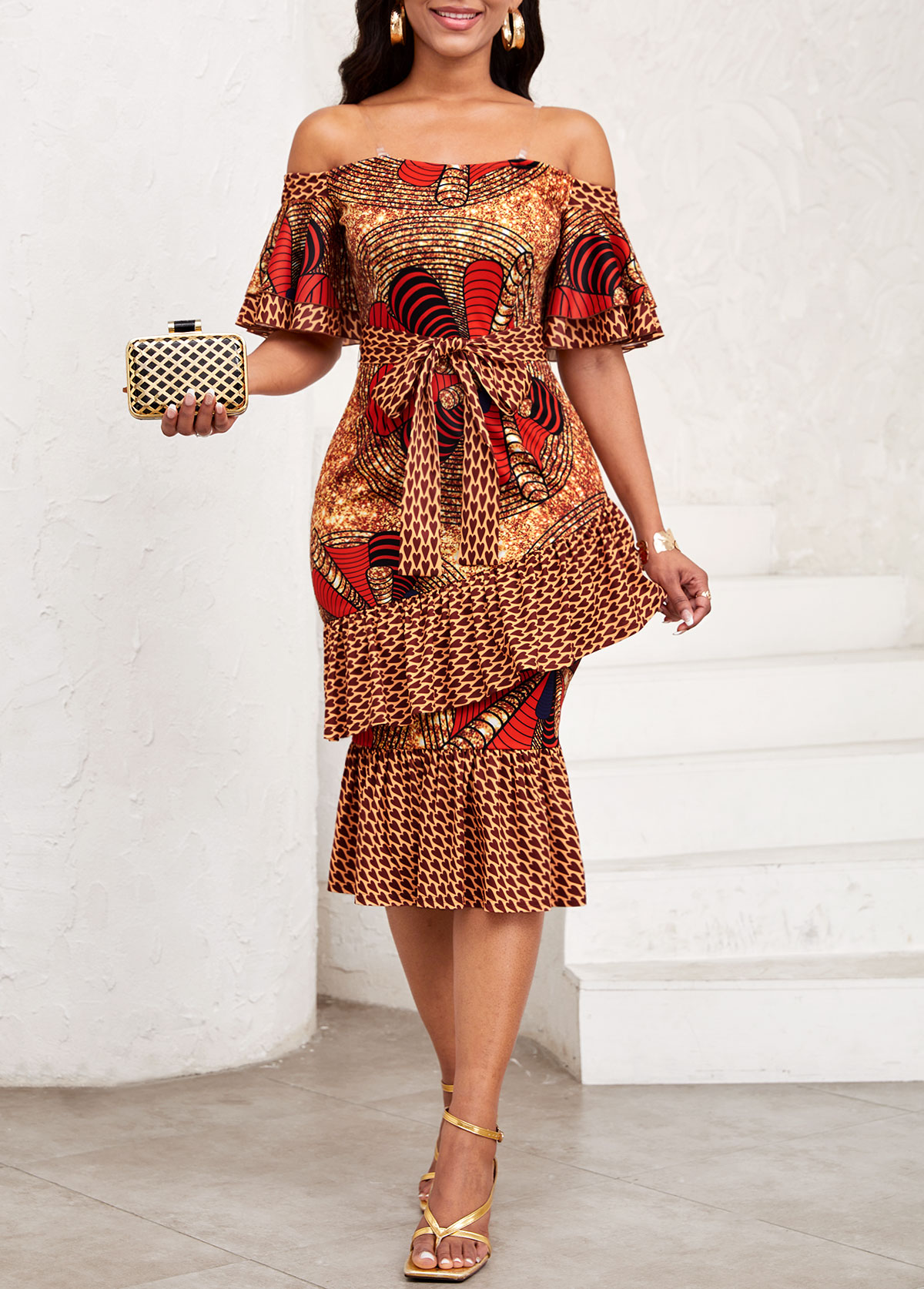 Ginger dresses,Geometric dresses,Party dresses,Elegant dresses,ROTITA Ruffle Geometric Print Ginger Belted Off Shoulder Bodycon Dress
