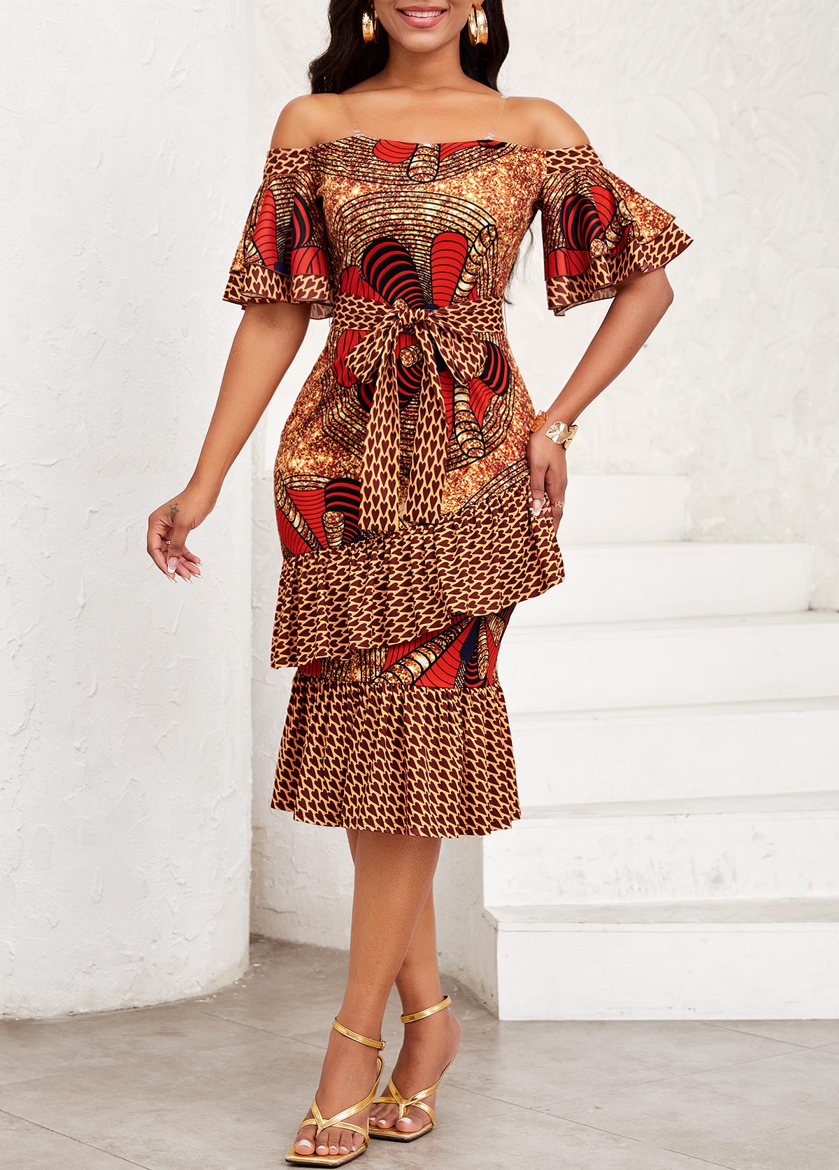 Ginger dresses,Geometric dresses,Party dresses,Elegant dresses,ROTITA Ruffle Geometric Print Ginger Belted Off Shoulder Bodycon Dress