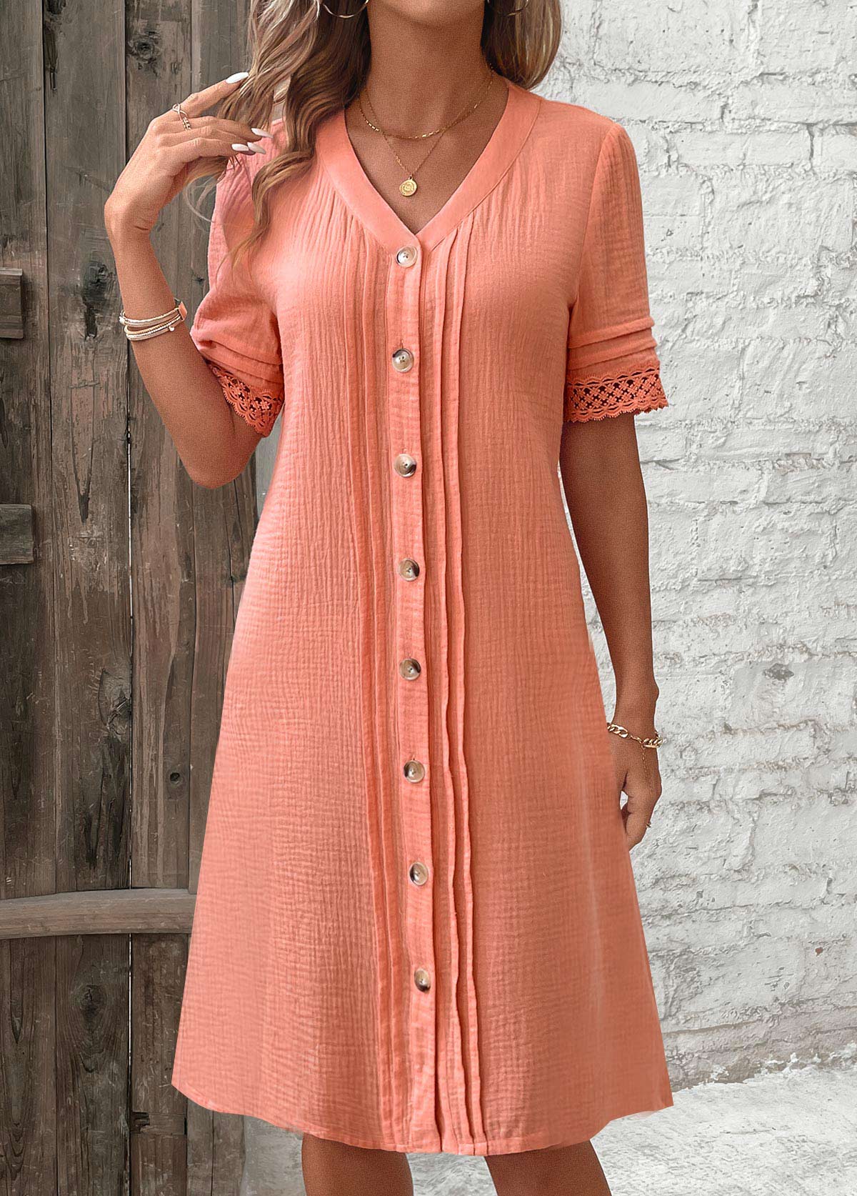Dusty Pink dresses,Plain Color dresses,Everyday dresses,Casual dresses,ROTITA Button Dusty Pink A Line V Neck Dress