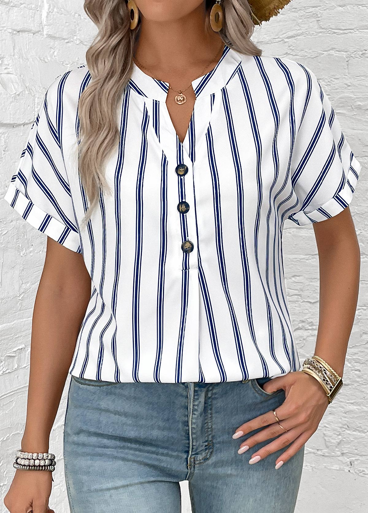 White tops,Navy tops,Striped tops,Geometric tops,Button Striped White Split Neck Short Sleeve Blouse