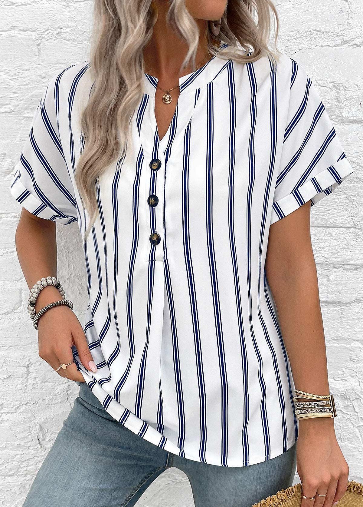 White tops,Navy tops,Striped tops,Geometric tops,Button Striped White Split Neck Short Sleeve Blouse