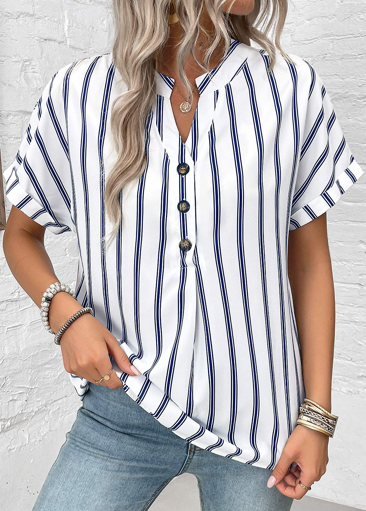 White tops,Navy tops,Striped tops,Geometric tops,Button Striped White Split Neck Short Sleeve Blouse