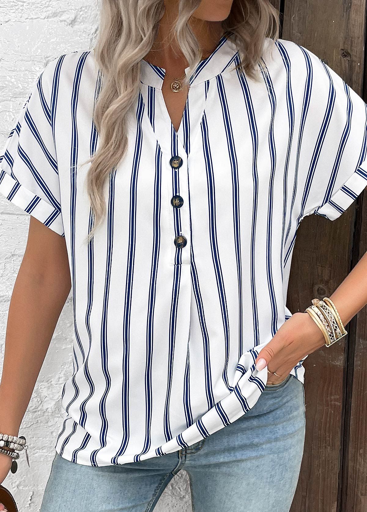 White tops,Navy tops,Striped tops,Geometric tops,Button Striped White Split Neck Short Sleeve Blouse