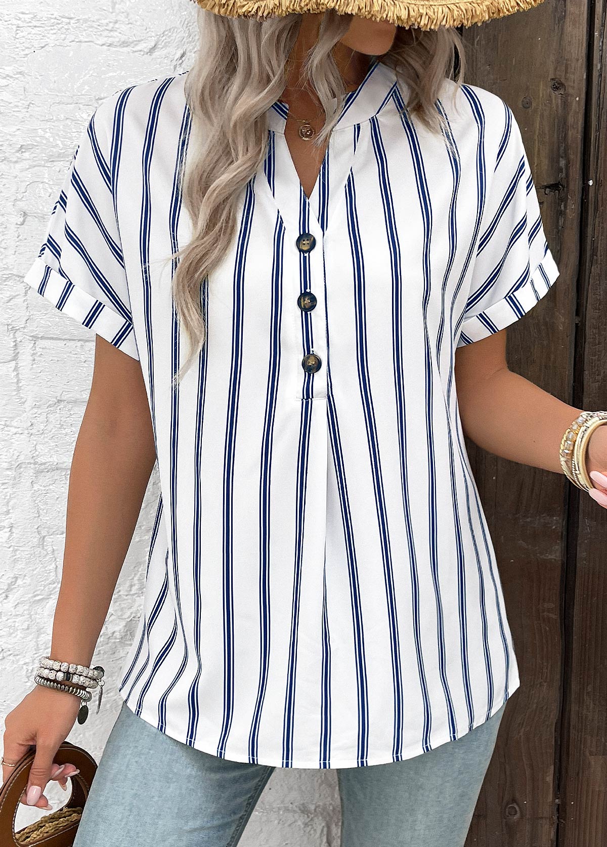 White tops,Navy tops,Striped tops,Geometric tops,Button Striped White Split Neck Short Sleeve Blouse