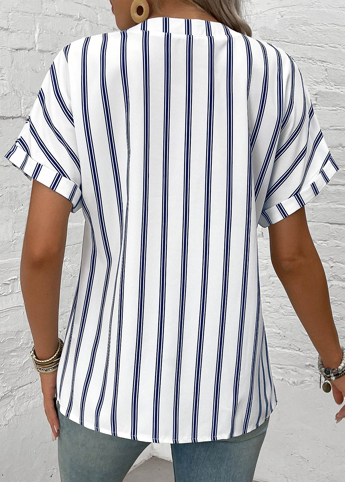 White tops,Navy tops,Striped tops,Geometric tops,Button Striped White Split Neck Short Sleeve Blouse