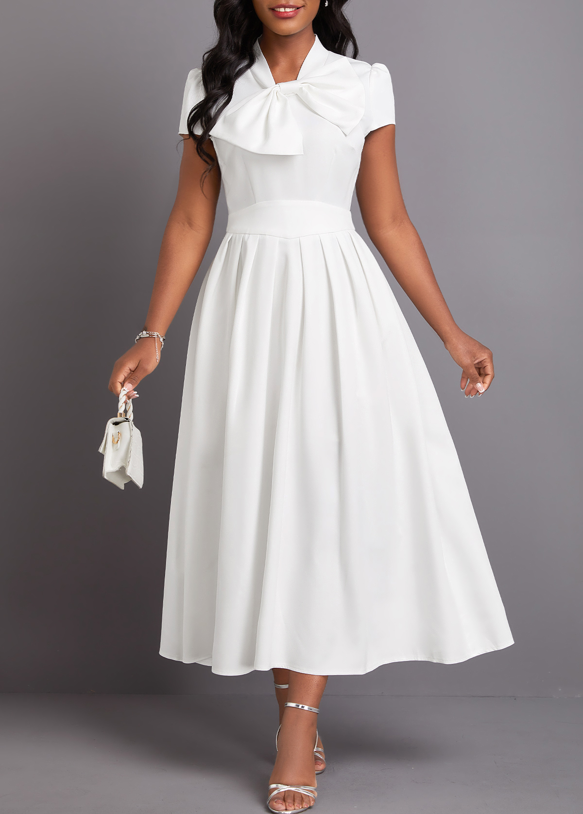 White dresses,Plain Color dresses,Party dresses,Elegant dresses,ROTITA Bowknot White Stand Collar Short Sleeve Dress