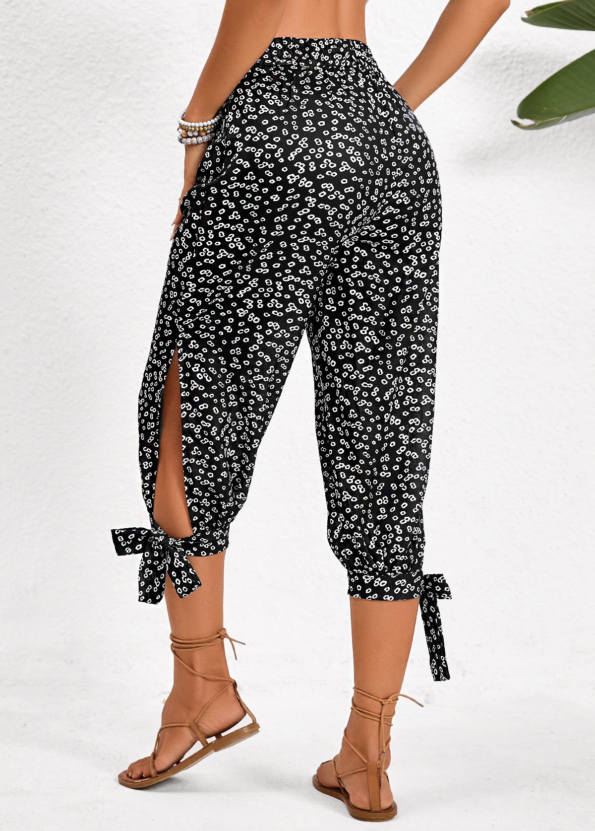 Black bottoms,Ditsy Floral bottoms,Split Ditsy Floral Print Black Jogger Elastic Waist Pants