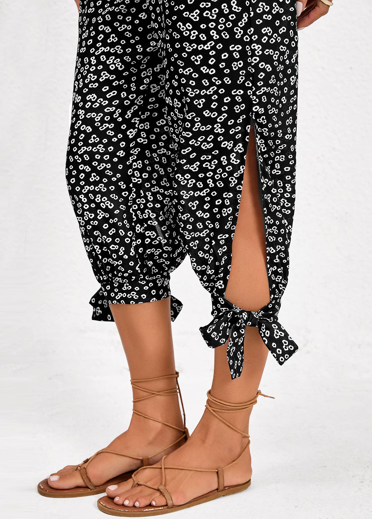 Black bottoms,Ditsy Floral bottoms,Split Ditsy Floral Print Black Jogger Elastic Waist Pants