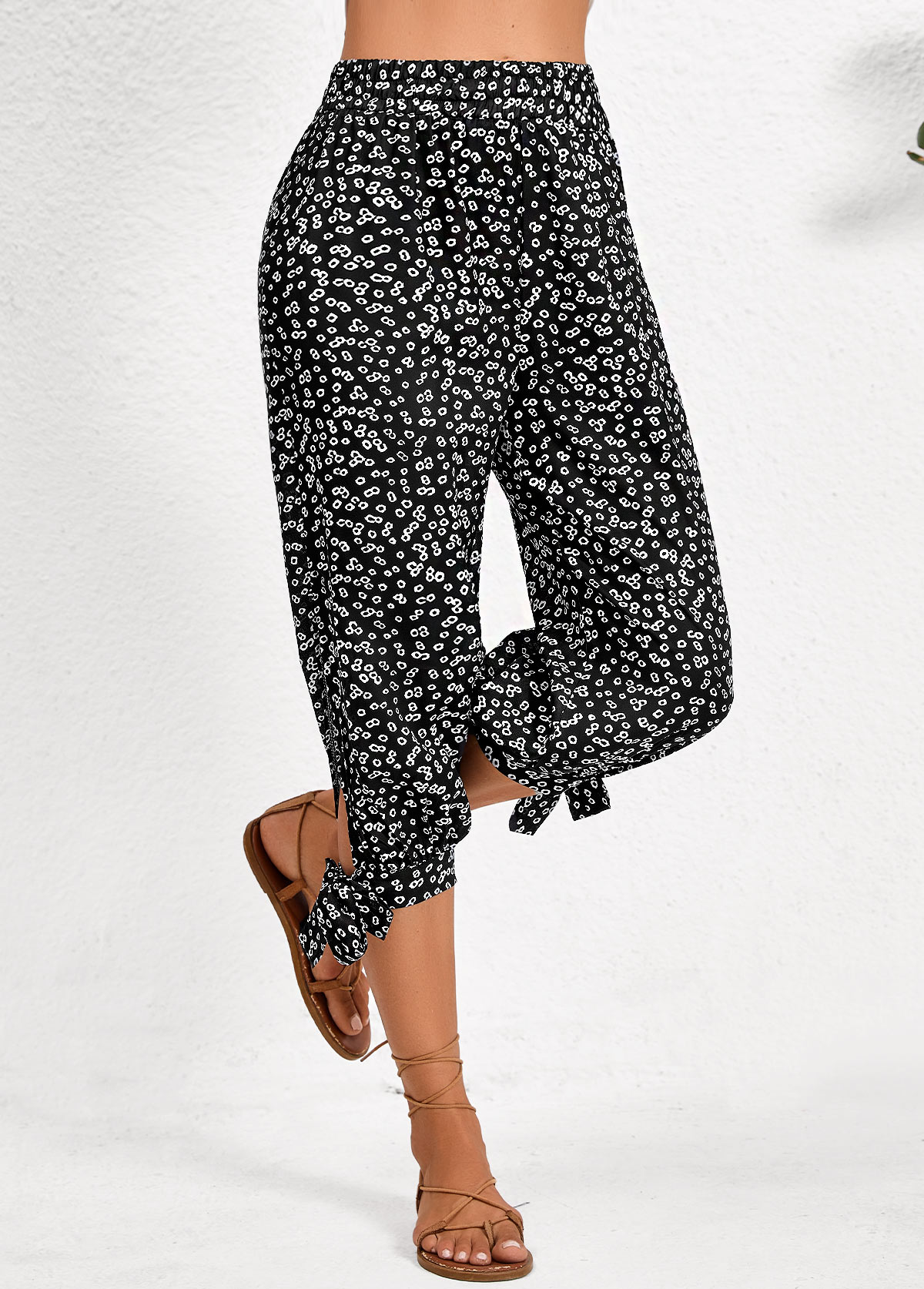 Black bottoms,Ditsy Floral bottoms,Split Ditsy Floral Print Black Jogger Elastic Waist Pants