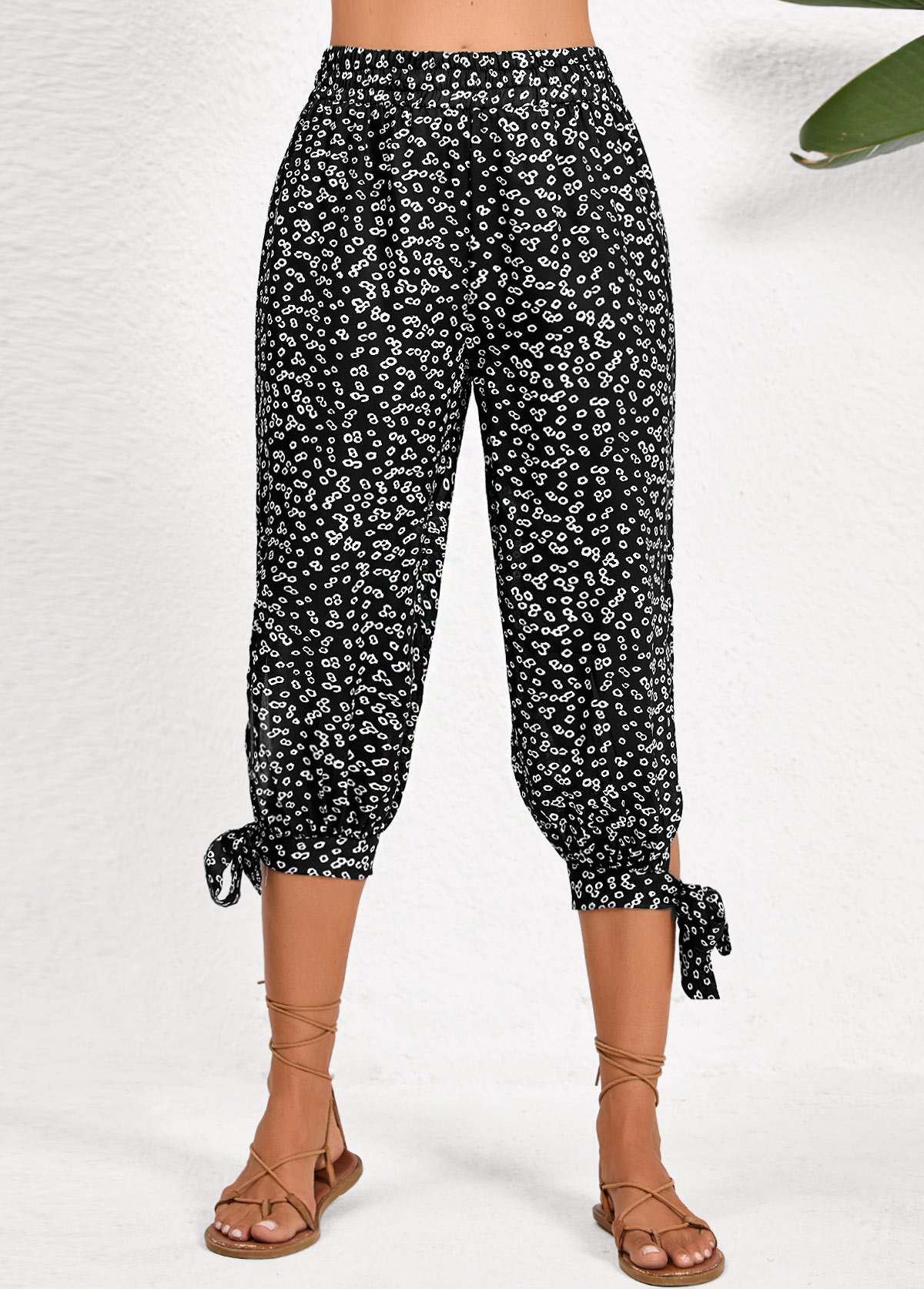 Black bottoms,Ditsy Floral bottoms,Split Ditsy Floral Print Black Jogger Elastic Waist Pants