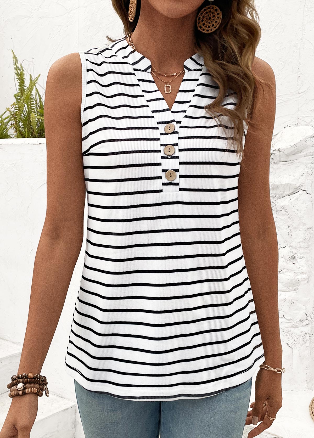 White tops,Black tops,Striped tops,Geometric tops,ROTITA Button Striped White Split Neck Tank Top