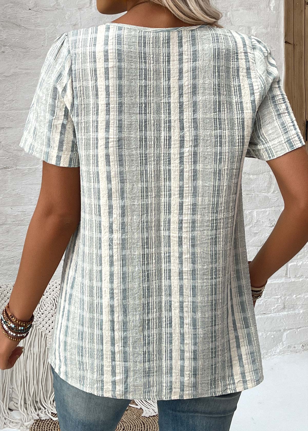 Light Green plus size,Striped plus size,Geometric plus size,ROTITA Split Striped Light Green Short Sleeve Blouse