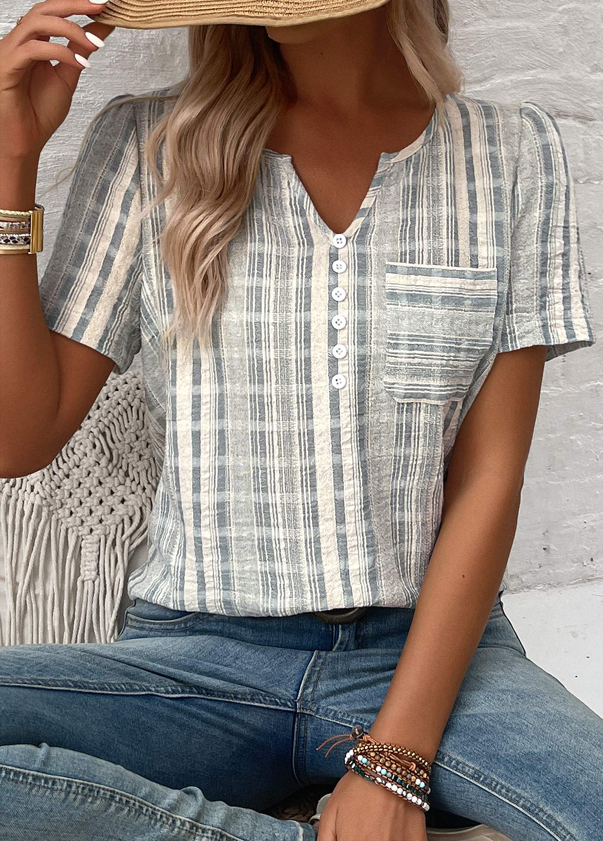 Light Green plus size,Striped plus size,Geometric plus size,ROTITA Split Striped Light Green Short Sleeve Blouse