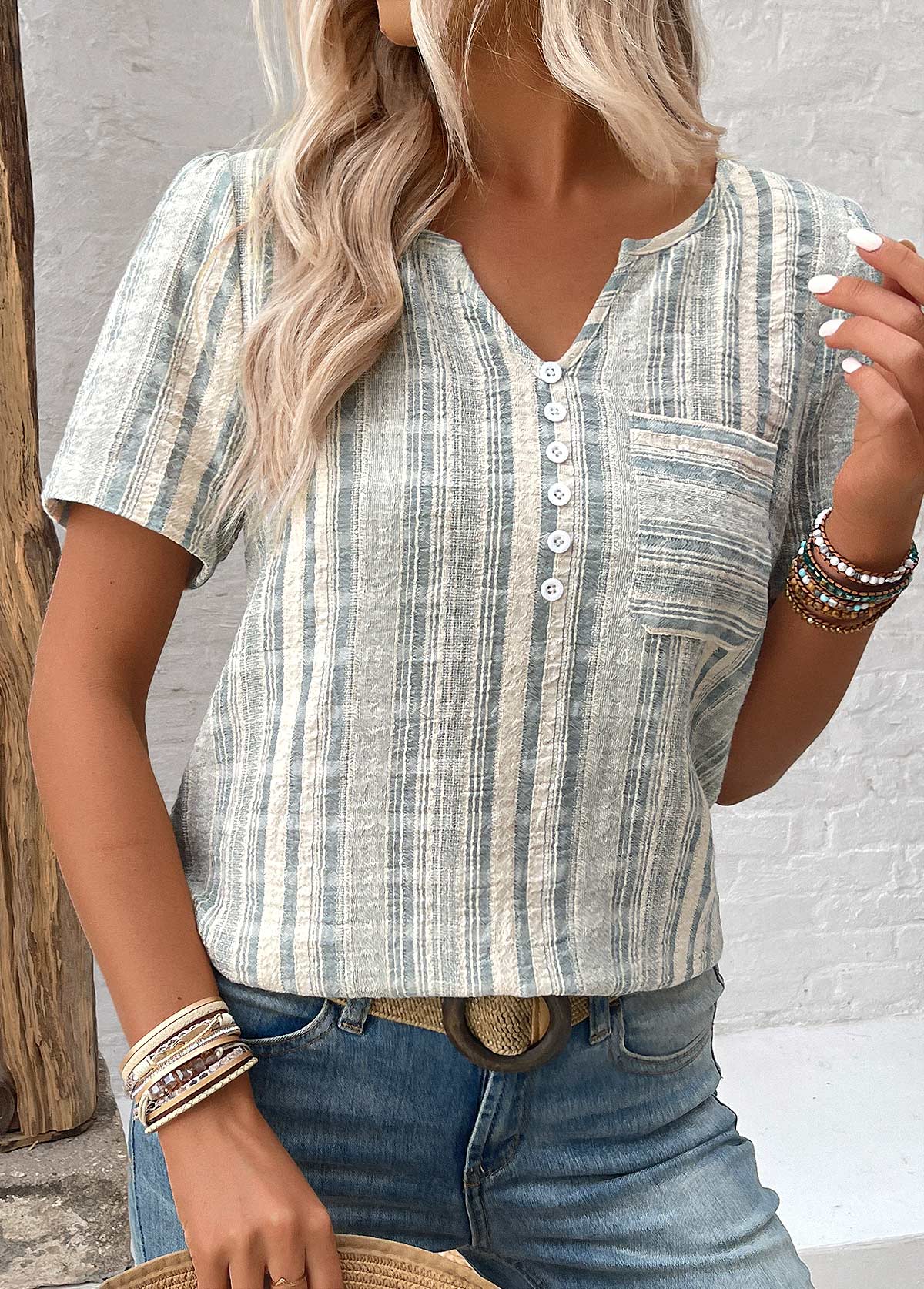 Light Green plus size,Striped plus size,Geometric plus size,ROTITA Split Striped Light Green Short Sleeve Blouse