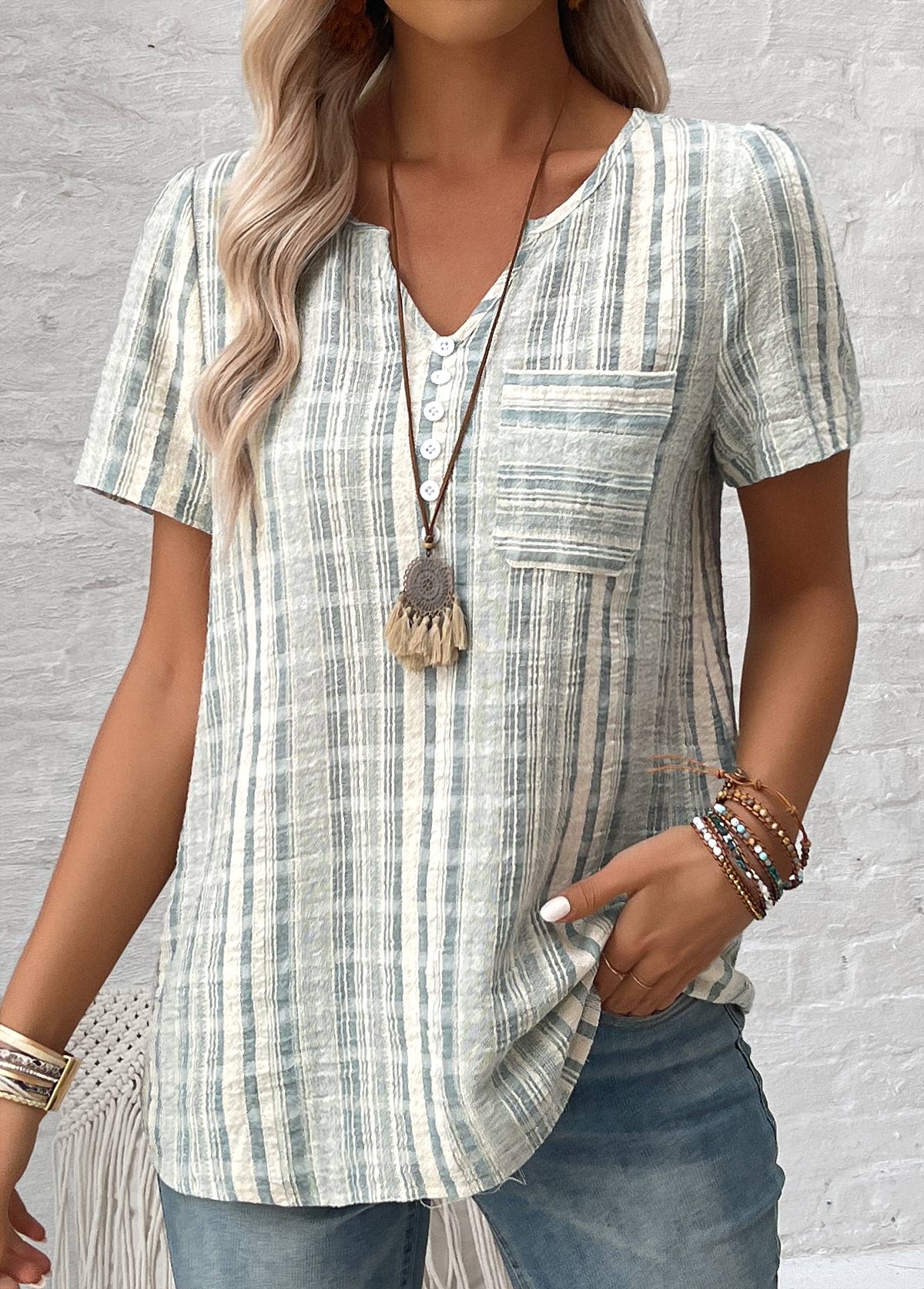 Light Green plus size,Striped plus size,Geometric plus size,ROTITA Split Striped Light Green Short Sleeve Blouse