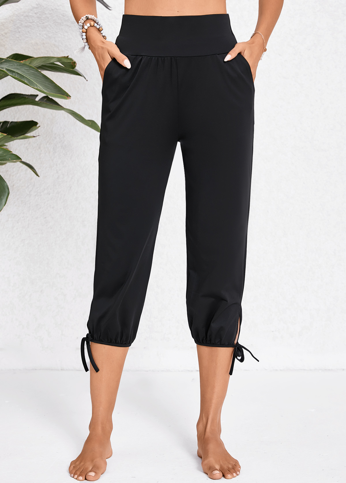 Black bottoms,Plain Color bottoms,Pocket Black Jogger Elastic Waist High Waisted Pants