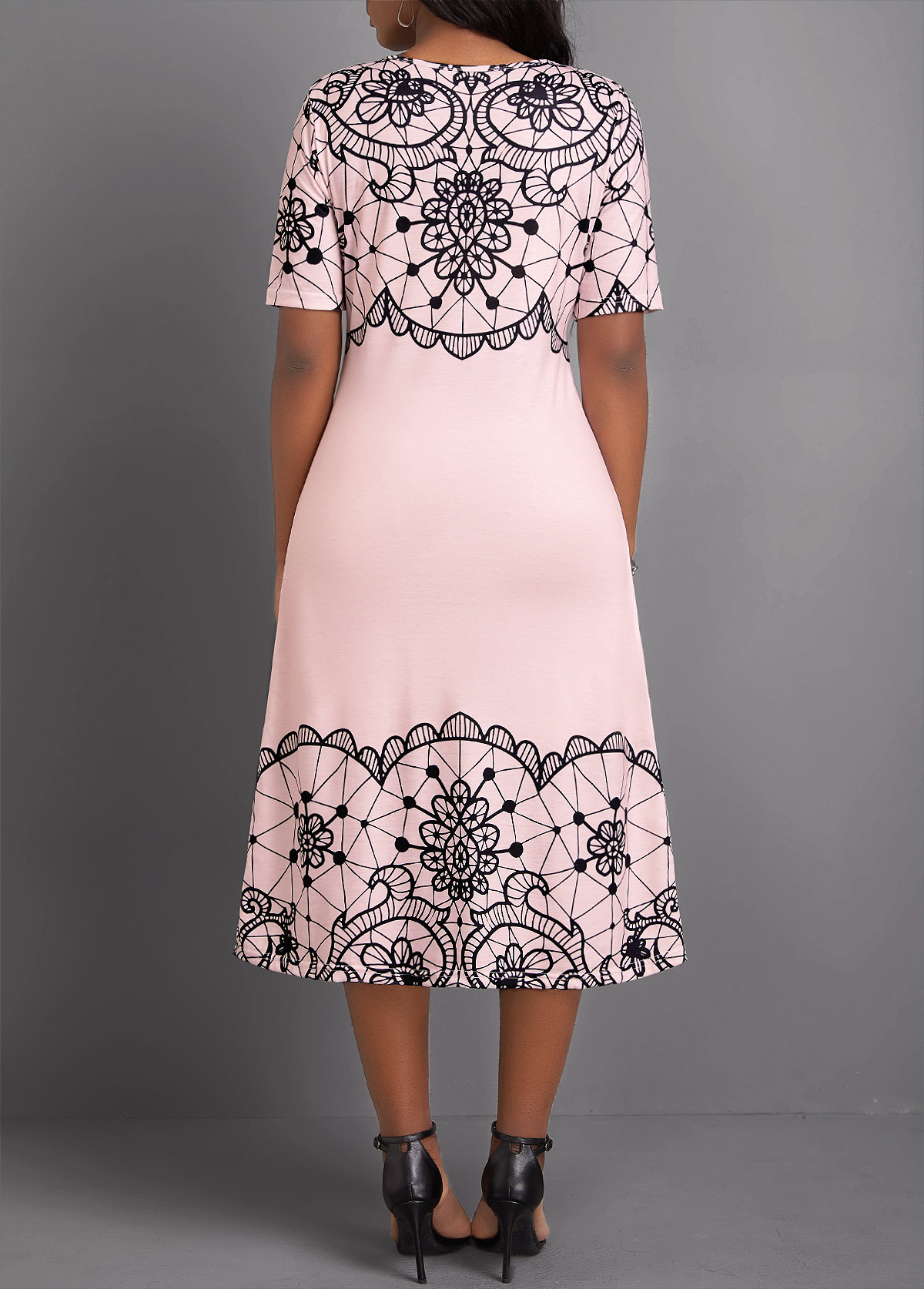 Light Pink dresses,Black dresses,Geometric dresses,Striped dresses,Dot dresses,Party dresses,Elegant dresses,Geometric Print Light Pink Round Neck Short Sleeve Dress