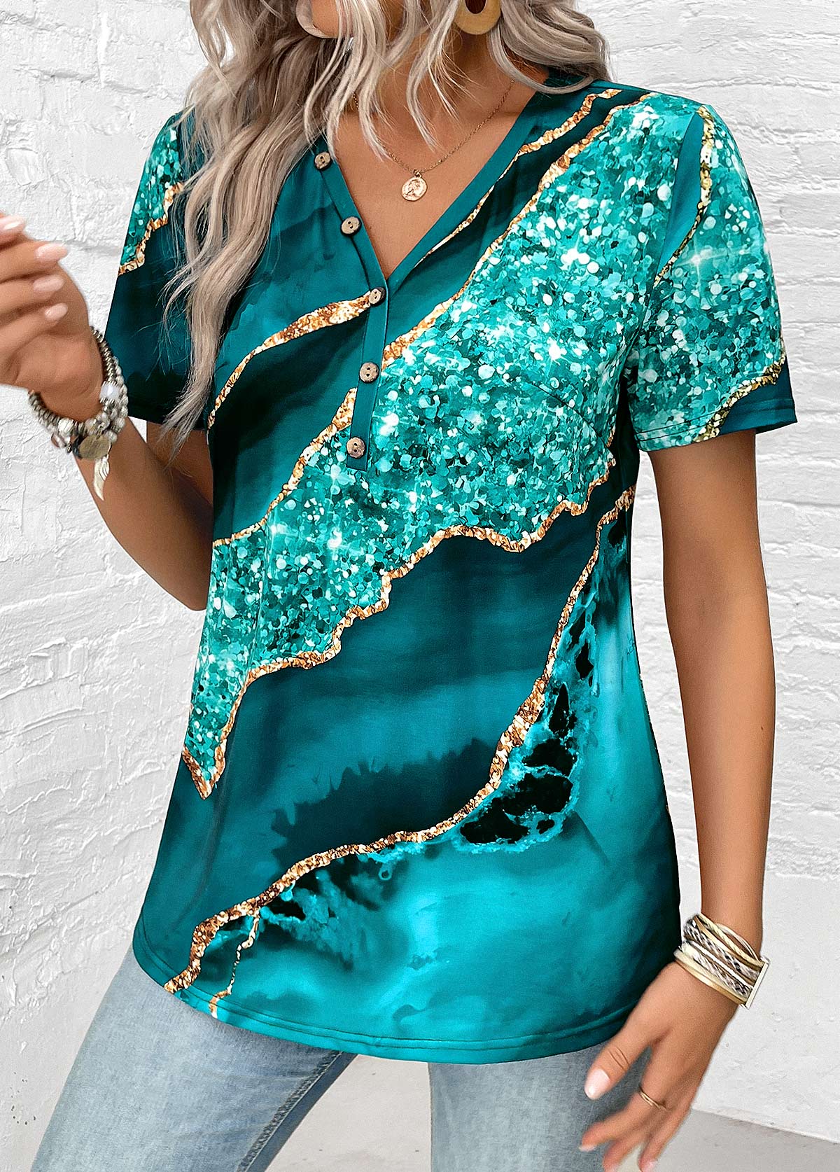 Turquoise plus size,Marble plus size,ROTITA Plus Size Button Turquoise Marble Print T Shirt