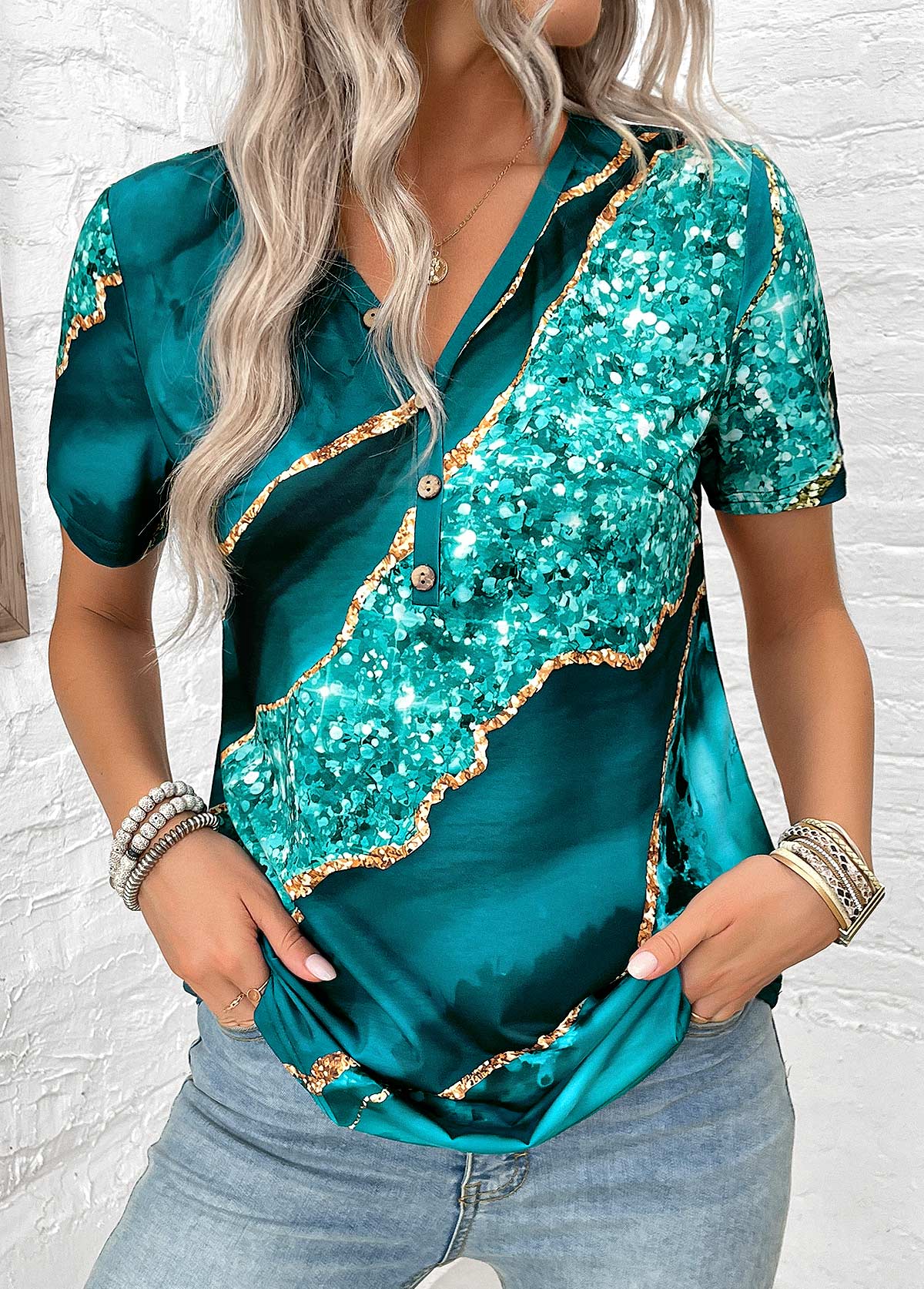 Turquoise plus size,Marble plus size,ROTITA Plus Size Button Turquoise Marble Print T Shirt