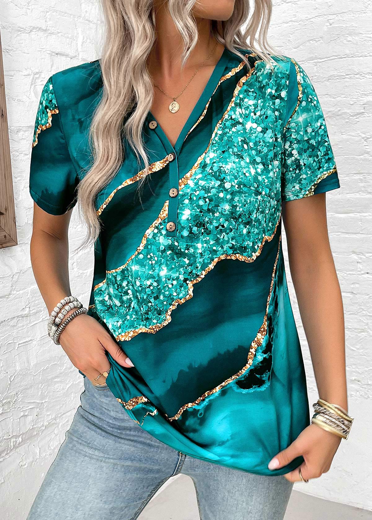 Turquoise plus size,Marble plus size,ROTITA Plus Size Button Turquoise Marble Print T Shirt
