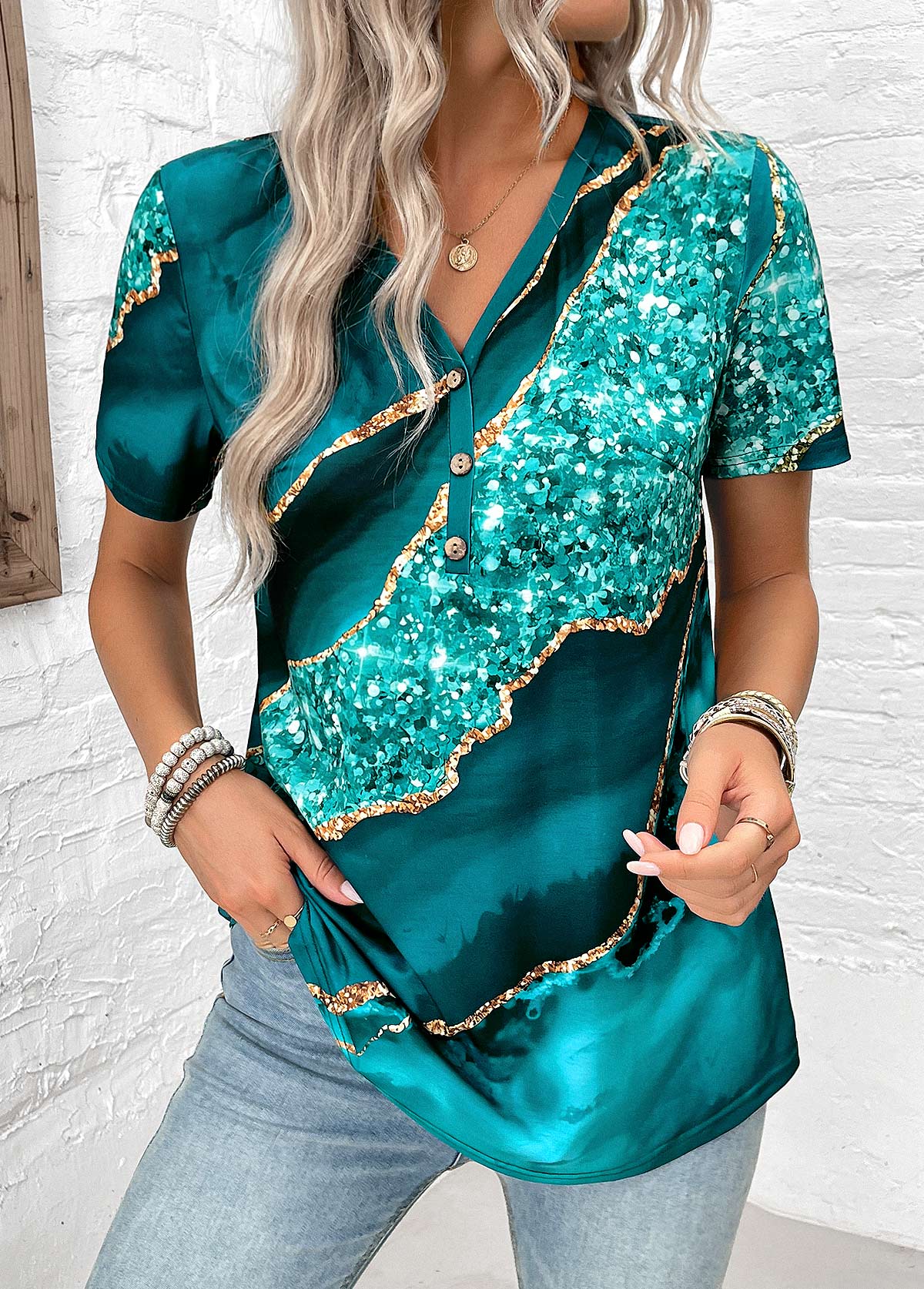 Turquoise plus size,Marble plus size,ROTITA Plus Size Button Turquoise Marble Print T Shirt