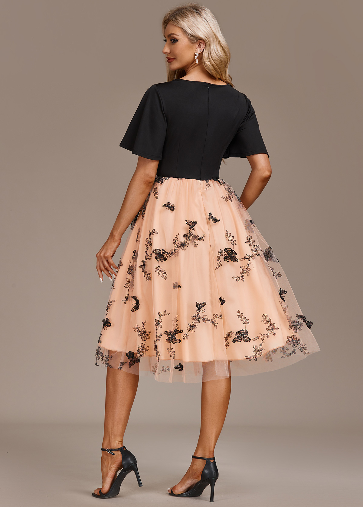 Black dresses,Pink dresses,Animal Print dresses,Party dresses,Elegant dresses,Mesh Butterfly Print Black Short Sleeve Dress