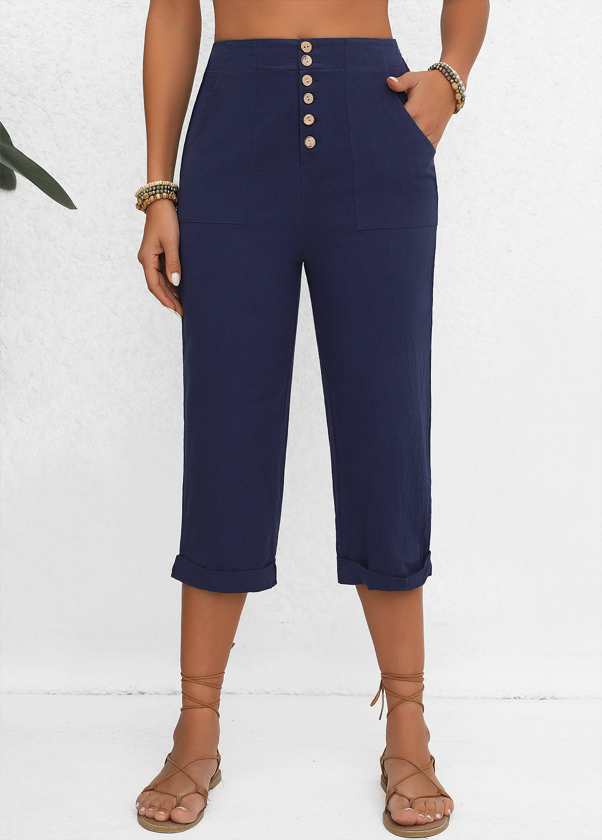 Navy bottoms,Plain Color bottoms,Button Navy Elastic Waist High Waisted Pants