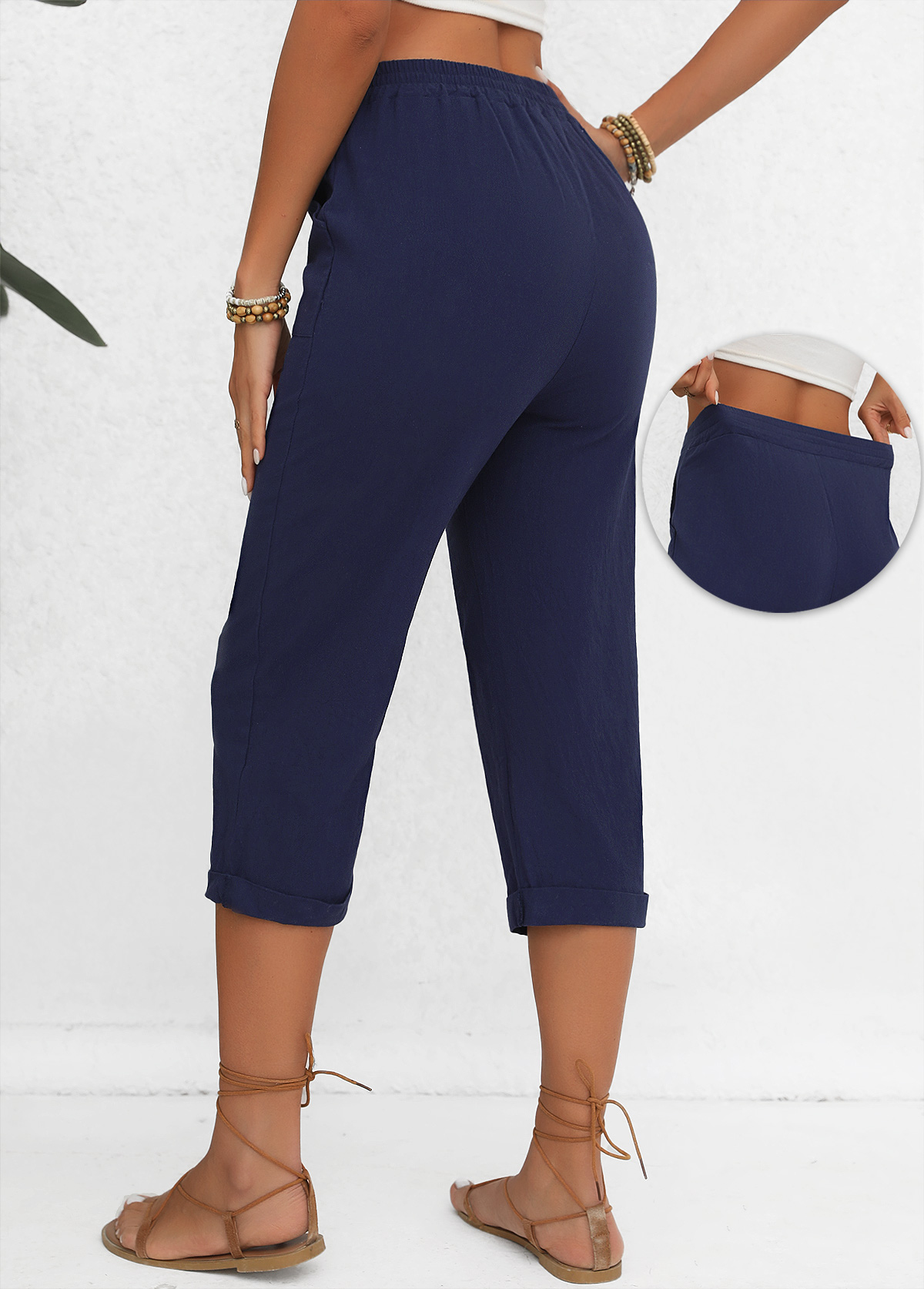 Navy bottoms,Plain Color bottoms,Button Navy Elastic Waist High Waisted Pants