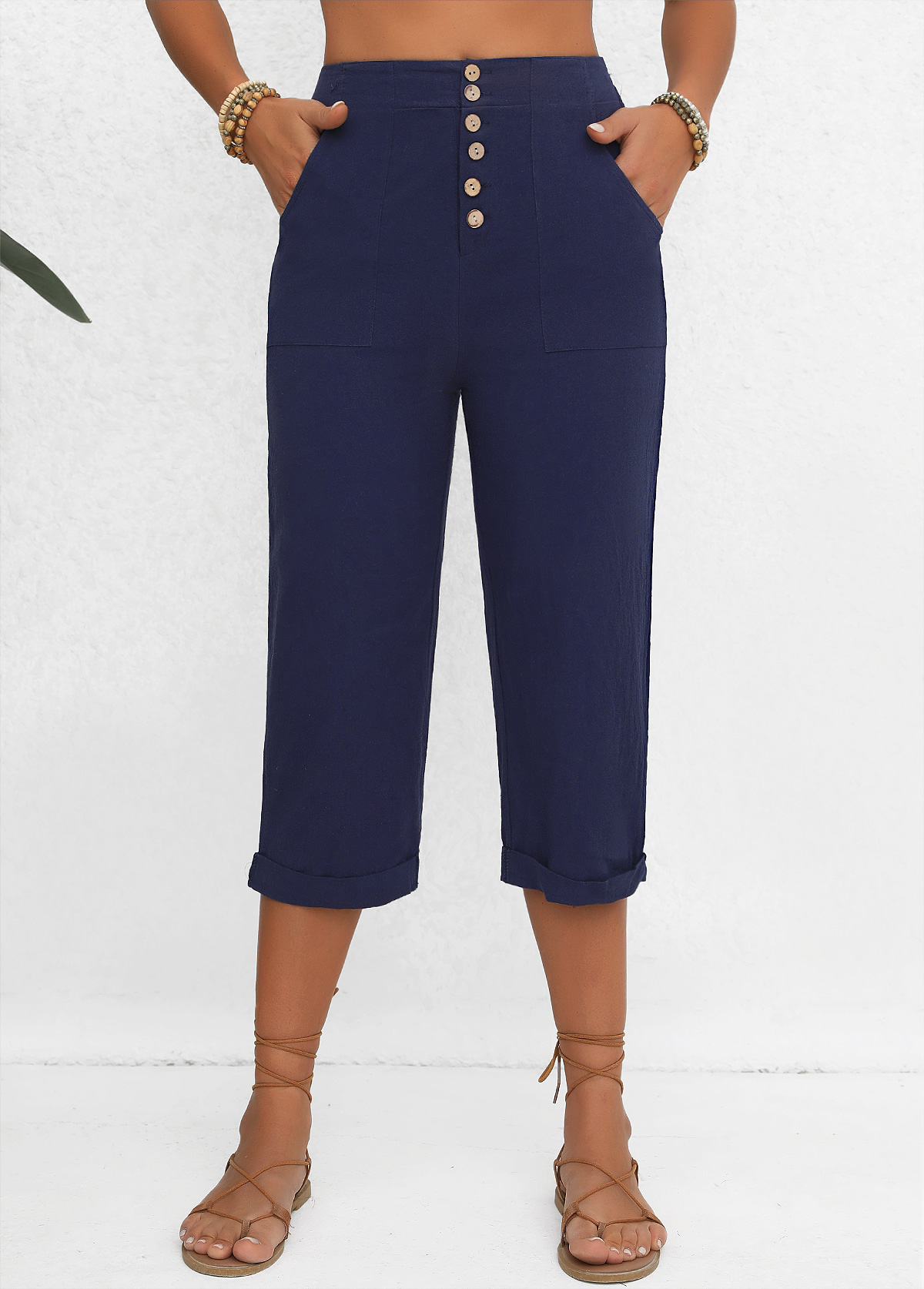 Navy bottoms,Plain Color bottoms,Button Navy Elastic Waist High Waisted Pants