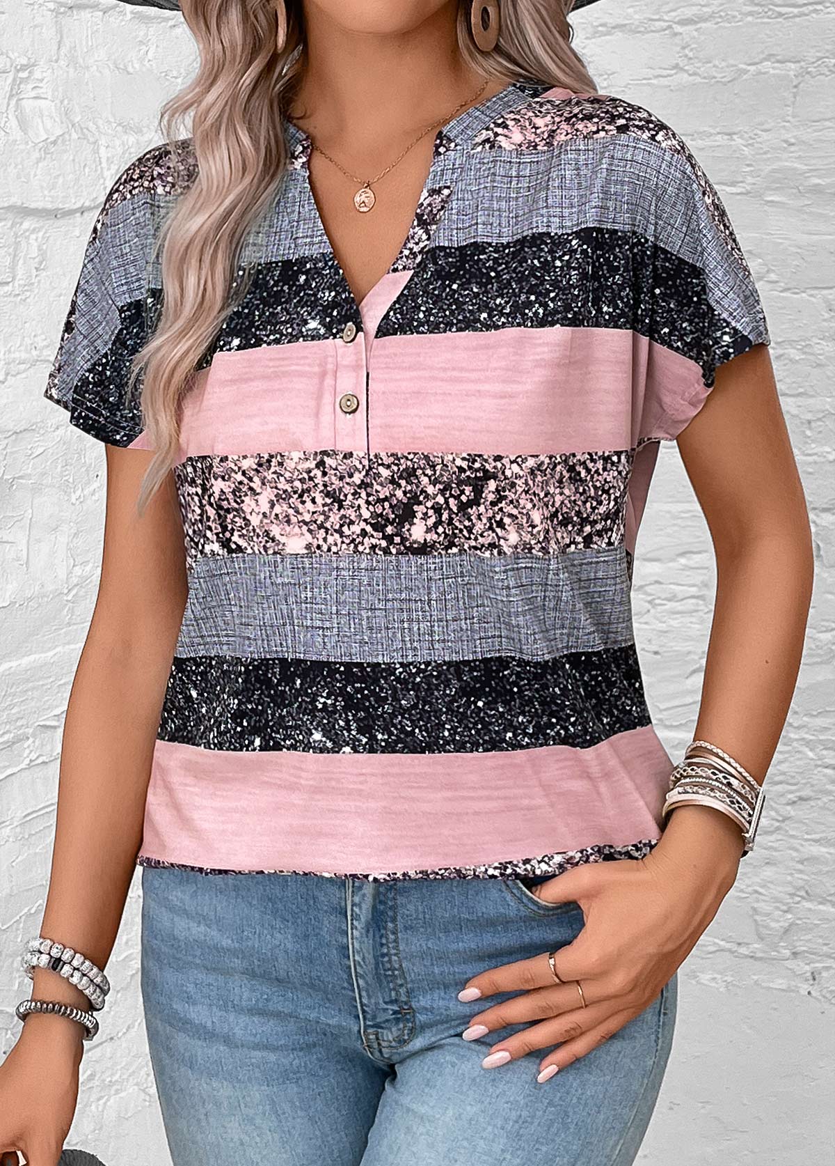 Grey tops,Dusty Pink tops,Striped tops,Geometric tops,ROTITA Button Striped Grey Split Neck Short Sleeve Blouse
