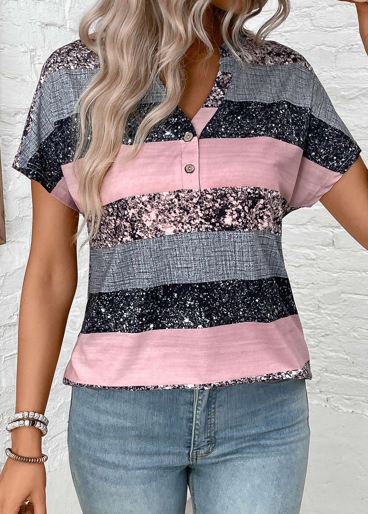 Grey tops,Dusty Pink tops,Striped tops,Geometric tops,ROTITA Button Striped Grey Split Neck Short Sleeve Blouse