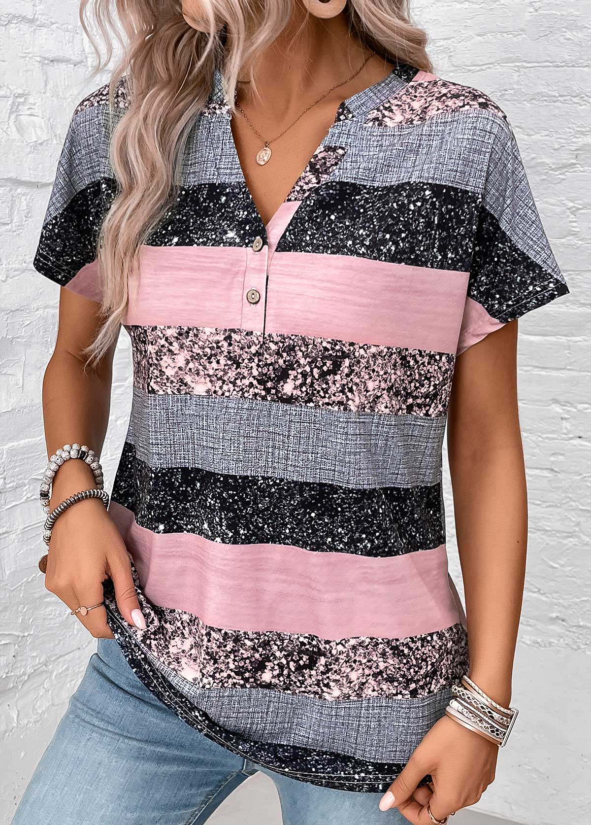 Grey tops,Dusty Pink tops,Striped tops,Geometric tops,ROTITA Button Striped Grey Split Neck Short Sleeve Blouse