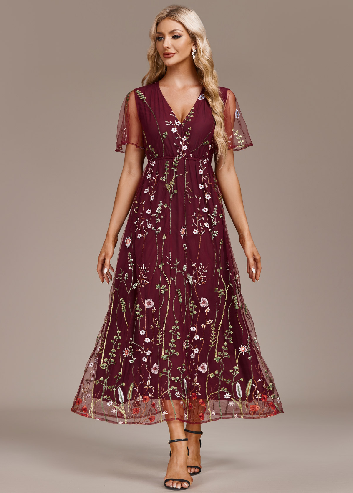 Wine Red dresses,Floral dresses,Party dresses,Elegant dresses,ROTITA Embroidery Wine Red V Neck Short Sleeve Dress
