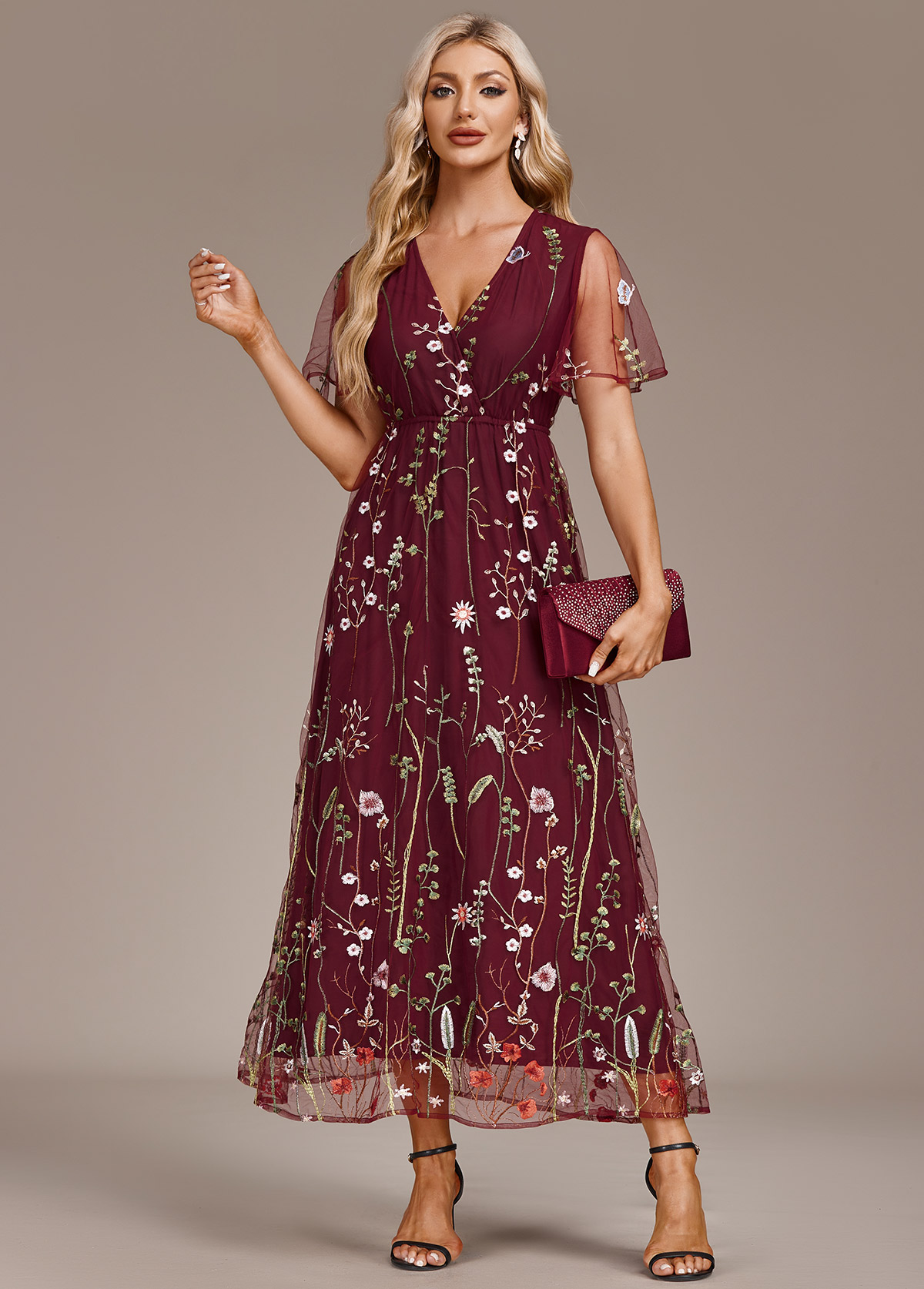 Wine Red dresses,Floral dresses,Party dresses,Elegant dresses,ROTITA Embroidery Wine Red V Neck Short Sleeve Dress