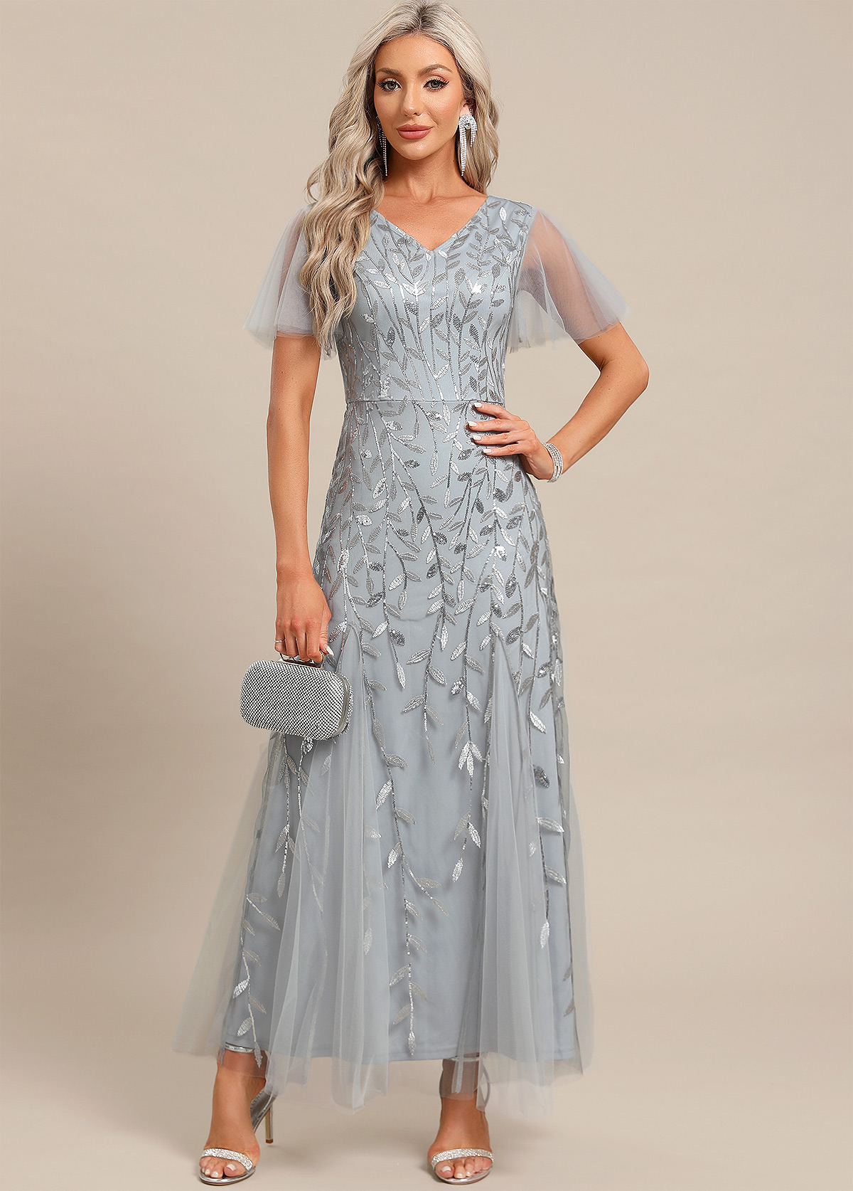 Light Grey dresses,Plain Color dresses,Party dresses,Elegant dresses,ROTITA Embroidery Light Grey Maxi V Neck Short Sleeve Dress
