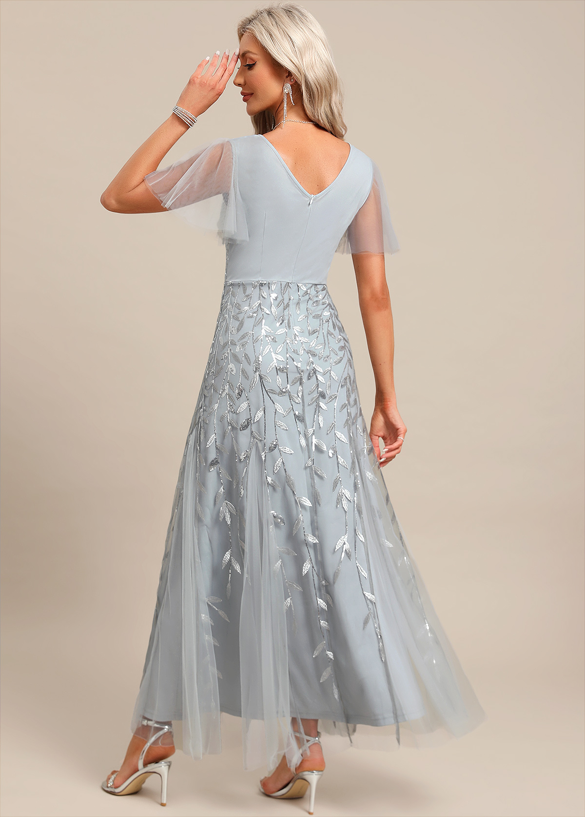 Light Grey dresses,Plain Color dresses,Party dresses,Elegant dresses,ROTITA Embroidery Light Grey Maxi V Neck Short Sleeve Dress