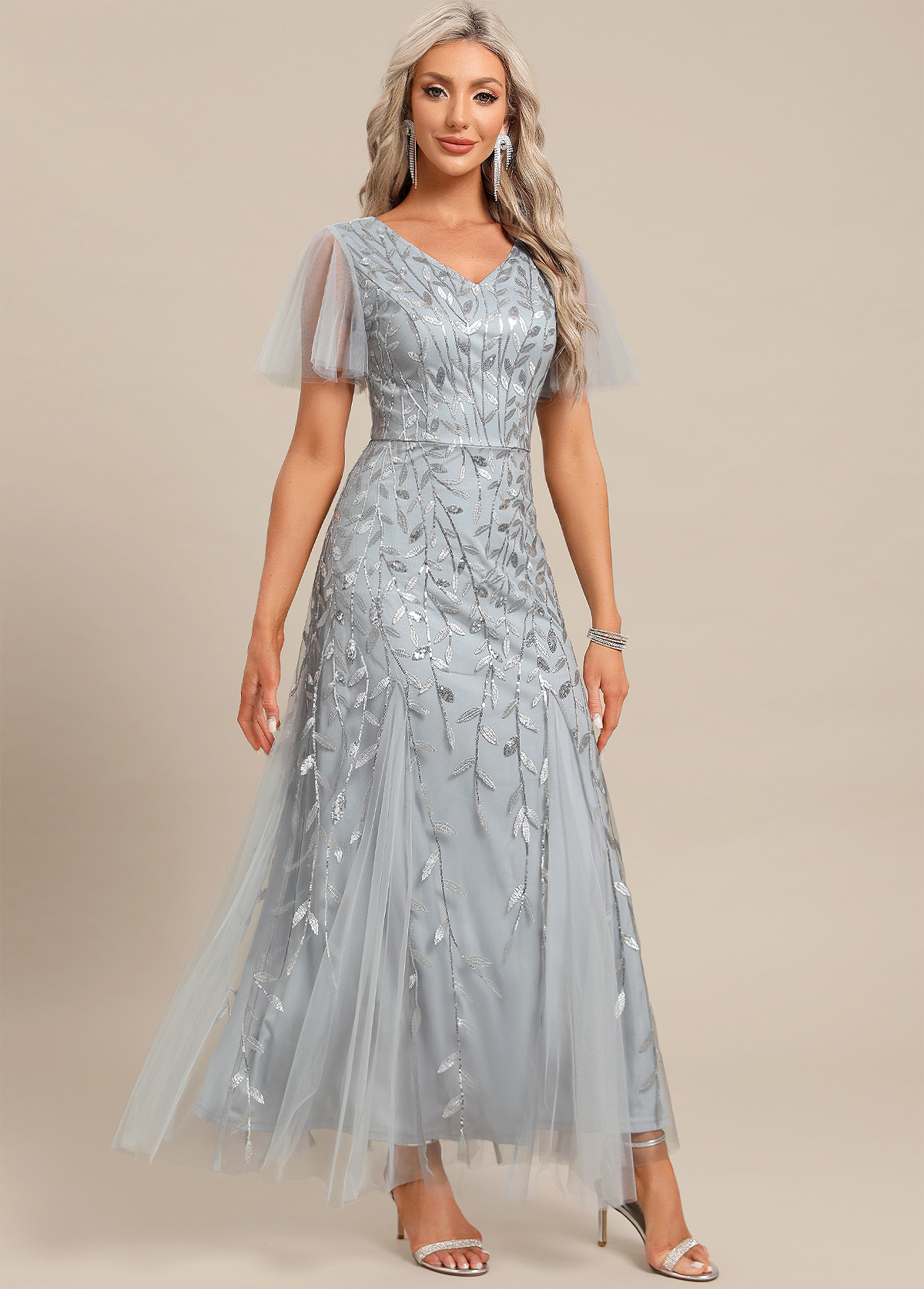 Light Grey dresses,Plain Color dresses,Party dresses,Elegant dresses,ROTITA Embroidery Light Grey Maxi V Neck Short Sleeve Dress