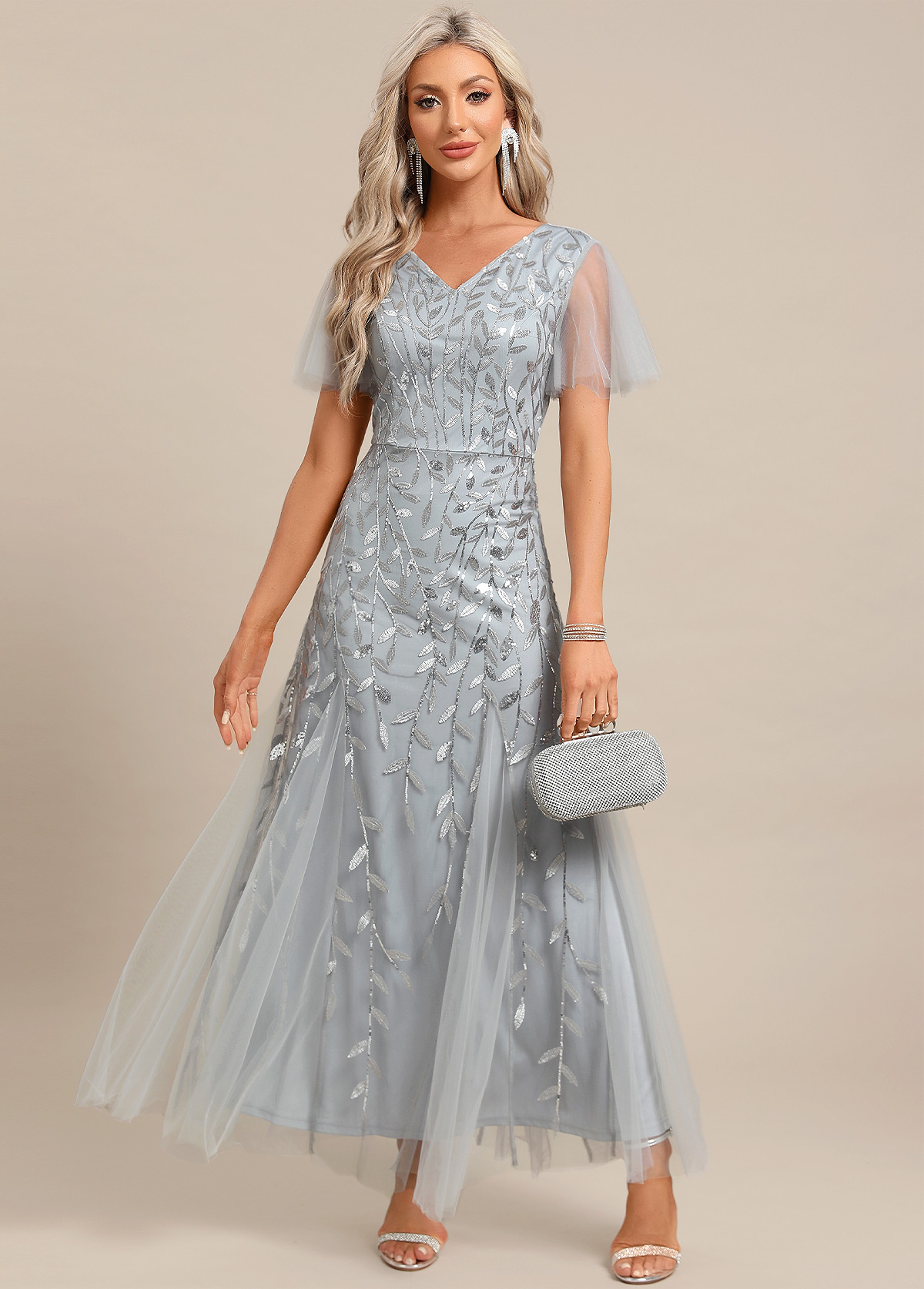 Light Grey dresses,Plain Color dresses,Party dresses,Elegant dresses,ROTITA Embroidery Light Grey Maxi V Neck Short Sleeve Dress